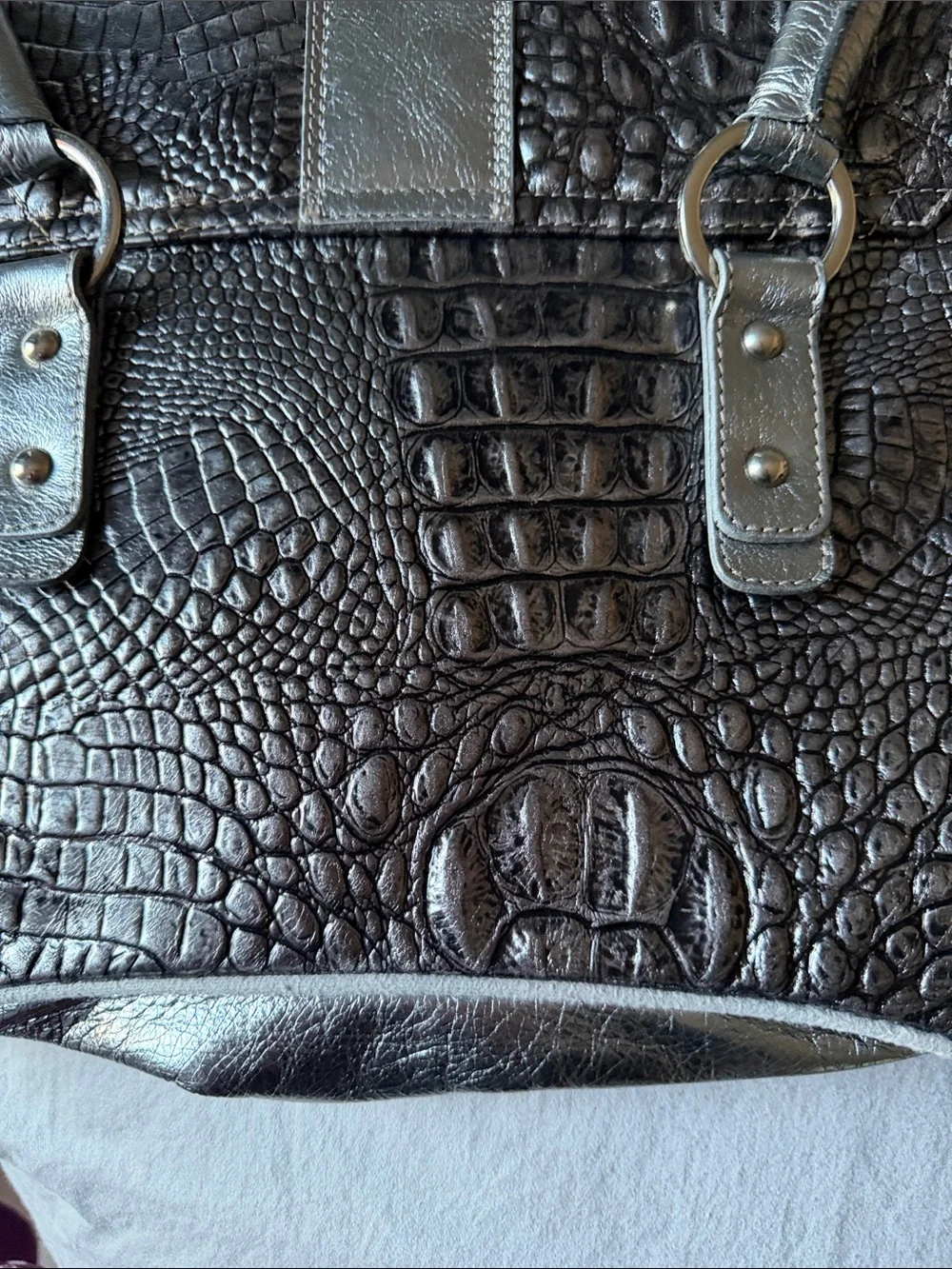 RIPANI Silver Pewter Croc-Embossed Satchel with Medallion Detail